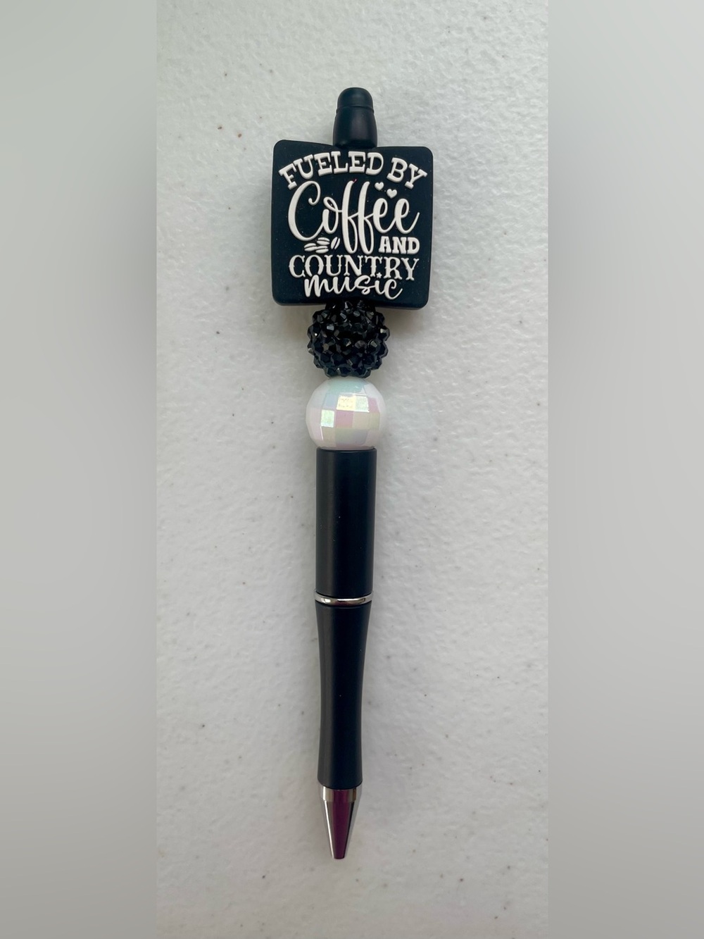 Fueled by Coffee and Country Music Beaded Pen - Black & White